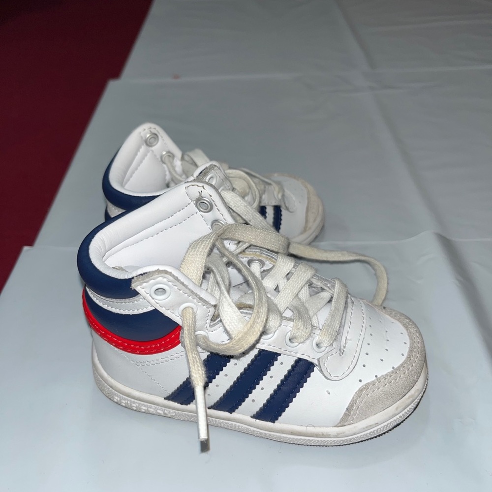 Adidas Toddler High Tops White Blue Striped Red Sneakers 6K Baby Shoes Leather 6 - Picture 12 of 16